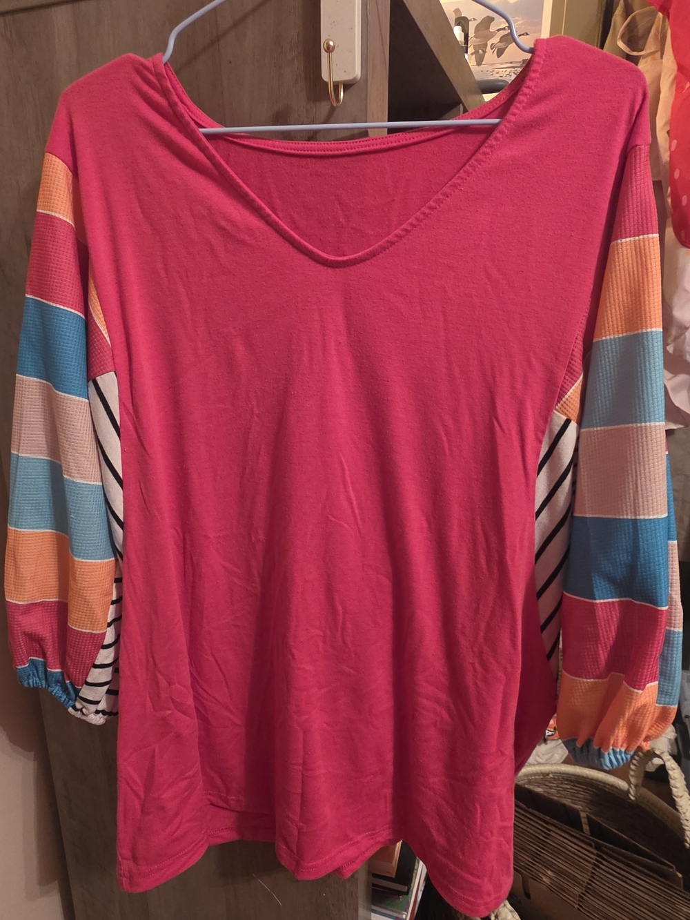 Bright Pink Scoop-Neck Blouse with Striped Balloon Sleeves